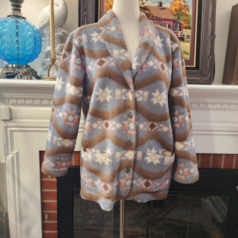 S Stockbridge Fleece Jacket with Aztec-inspired pattern in blue, brown, and pink